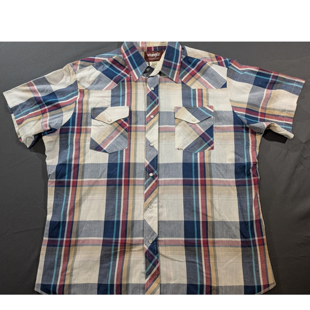Wrangler Western Shirt Mens XL Short Sleeve Plaid Pearl Snap Blue Red WM193RG